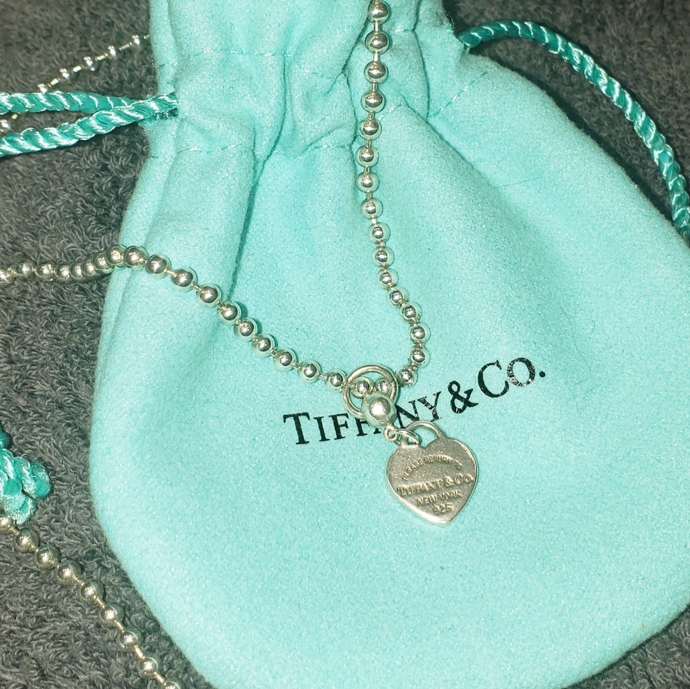 Tiffany & Co. Silver Heart Tag Bead Necklace w/ Pouch